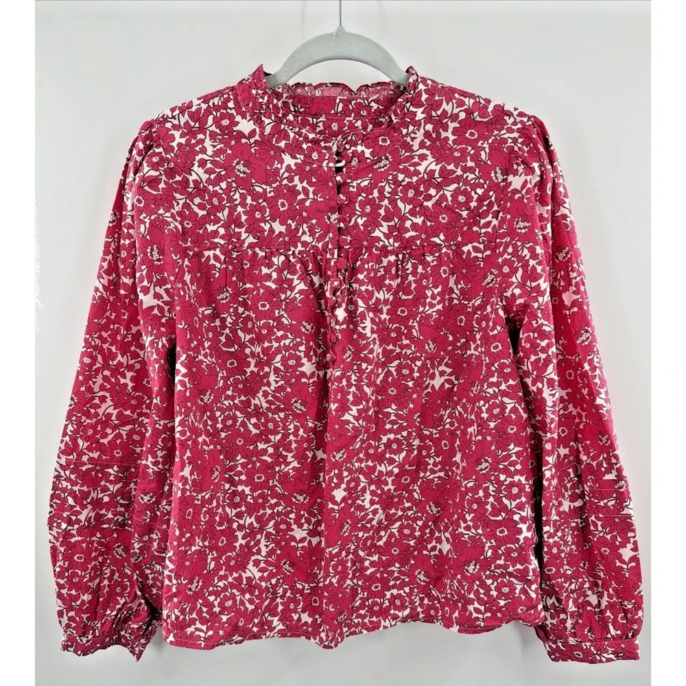 J. Crew Pink Floral Long Sleeve Popover Blouse Top Size Medium Coastal Peasant
